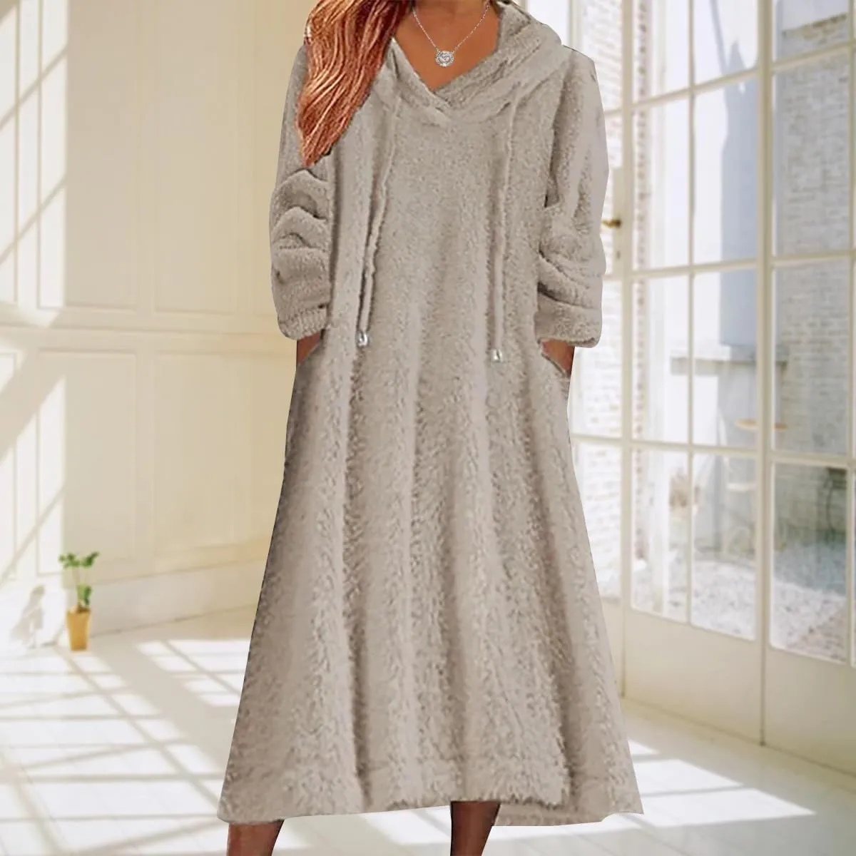 2024 Women's Fleece Fuzzy Hoodies Dress Long Dress Oversized Hooded Sweatshirts Dress Warm Winter Hoodies with Pocket