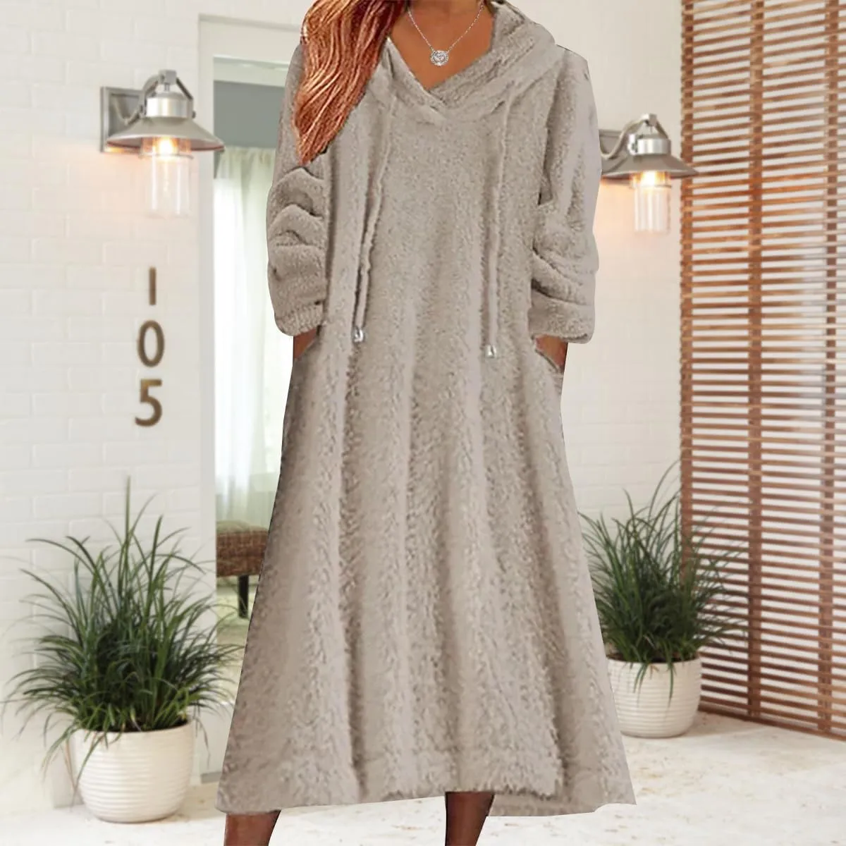 2024 Women's Fleece Fuzzy Hoodies Dress Long Dress Oversized Hooded Sweatshirts Dress Warm Winter Hoodies with Pocket