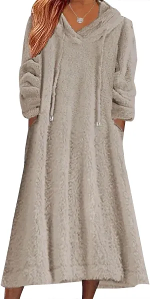 2024 Women's Fleece Fuzzy Hoodies Dress Long Dress Oversized Hooded Sweatshirts Dress Warm Winter Hoodies with Pocket