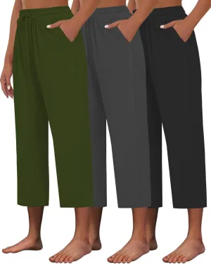 3 PACK Womens Capri Pants Loose Yoga Pants Wide Leg Drawstring Comfy Lounge Pajama Capris Loose Sweatpants with Pocket