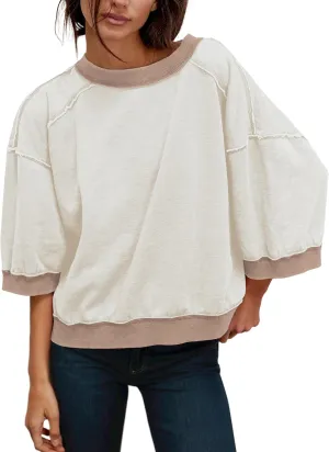 3/4 Sleeve Sweatshirts for Women Vintage Oversized Crewneck Fleece Sweatshirt Loose Casual Summer Fall Pullover Tops