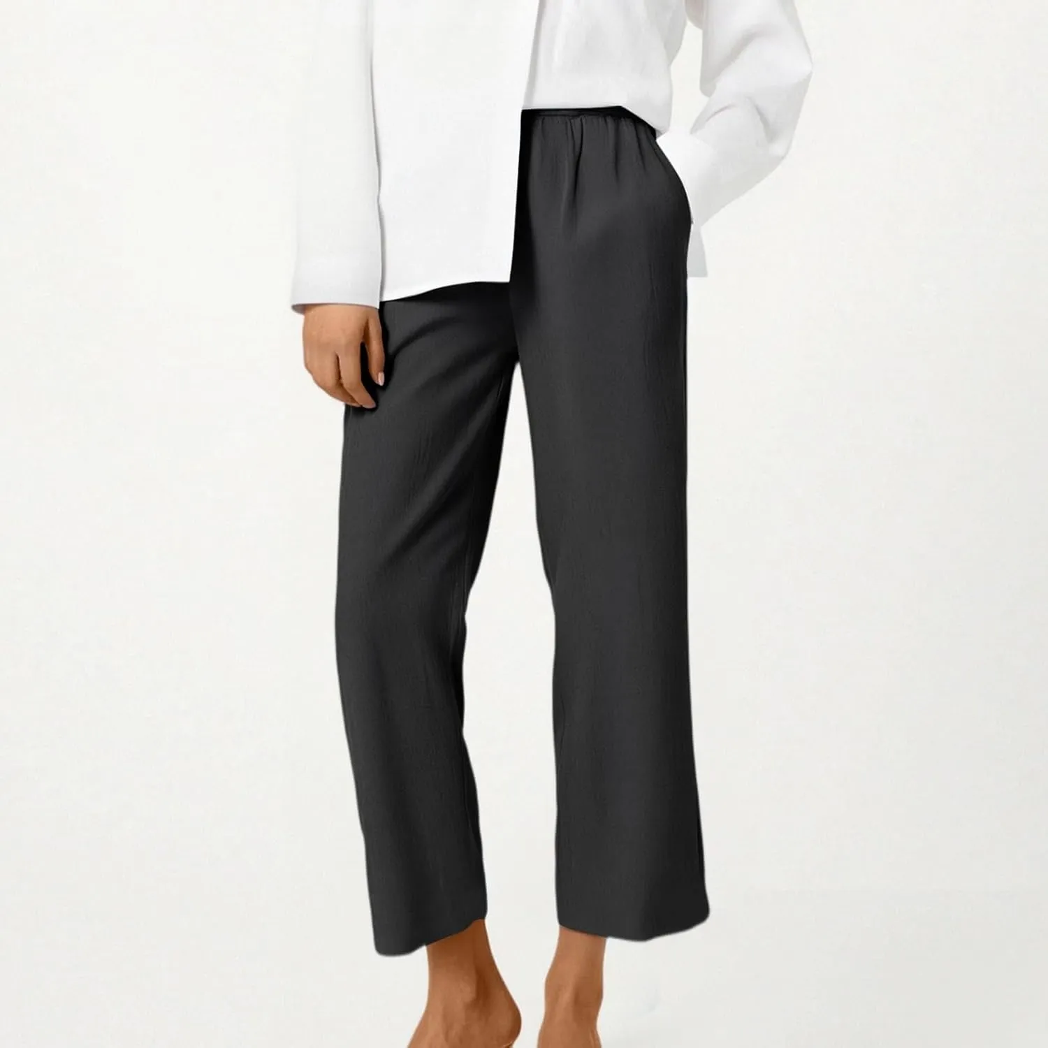 ADHOWBEW Capri Pants for Women Casual Comfy Cotton Summer Trendy Wide Leg Flowy High Waist Lounge Trousers with Pockets