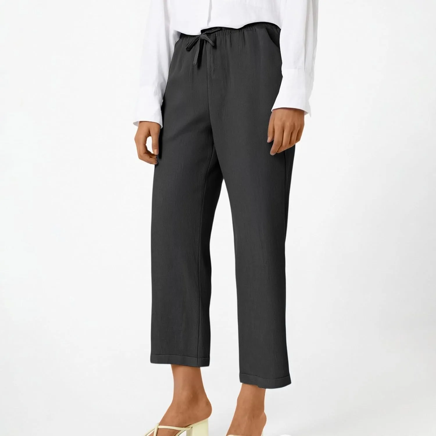 ADHOWBEW Capri Pants for Women Casual Comfy Cotton Summer Trendy Wide Leg Flowy High Waist Lounge Trousers with Pockets