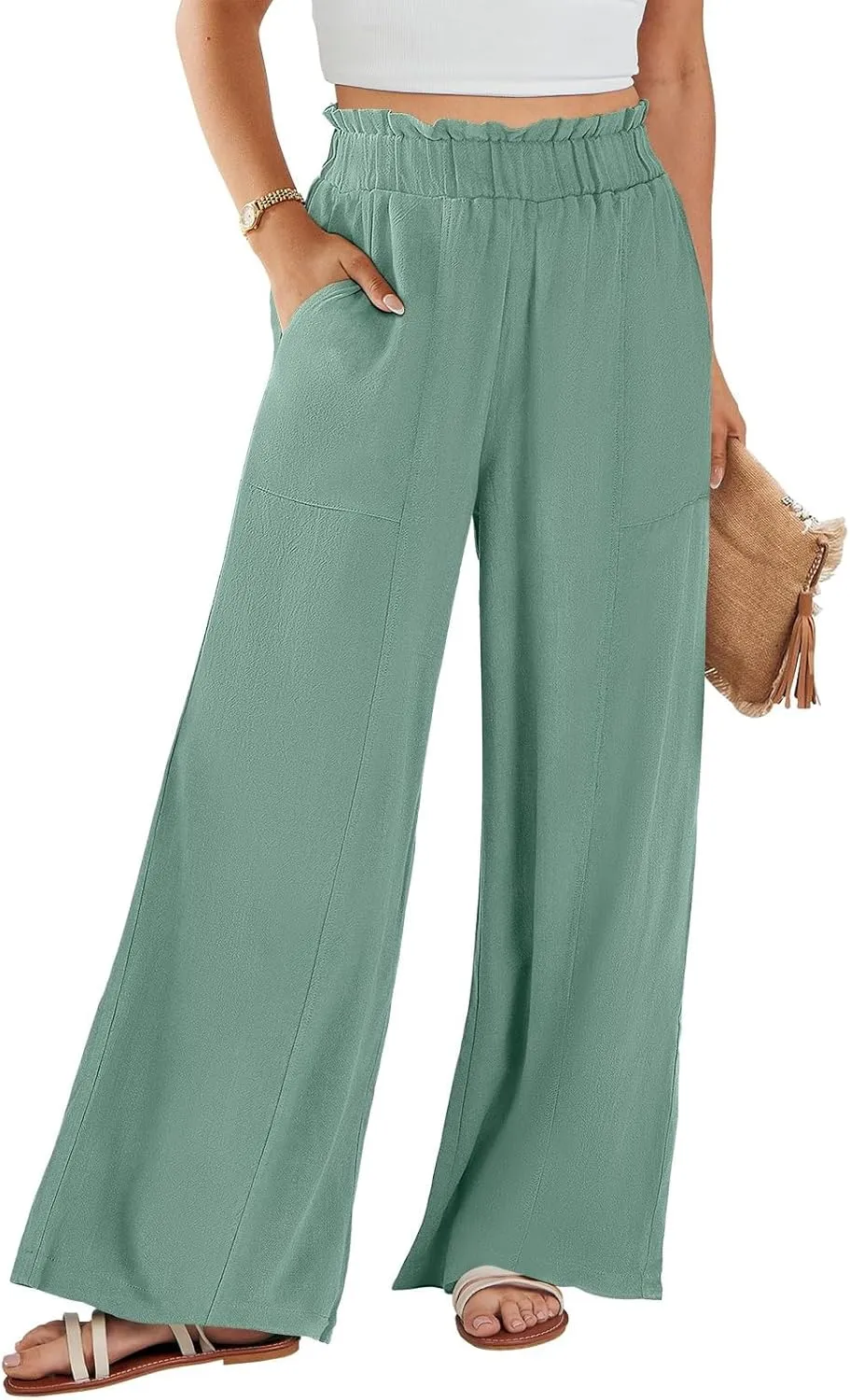 ADHOWBEW Linen Dress Pants Women Cotton Plus Size Dressy Petite Work Flowy Casual Lounge Stretch High Waisted Cotton Pants