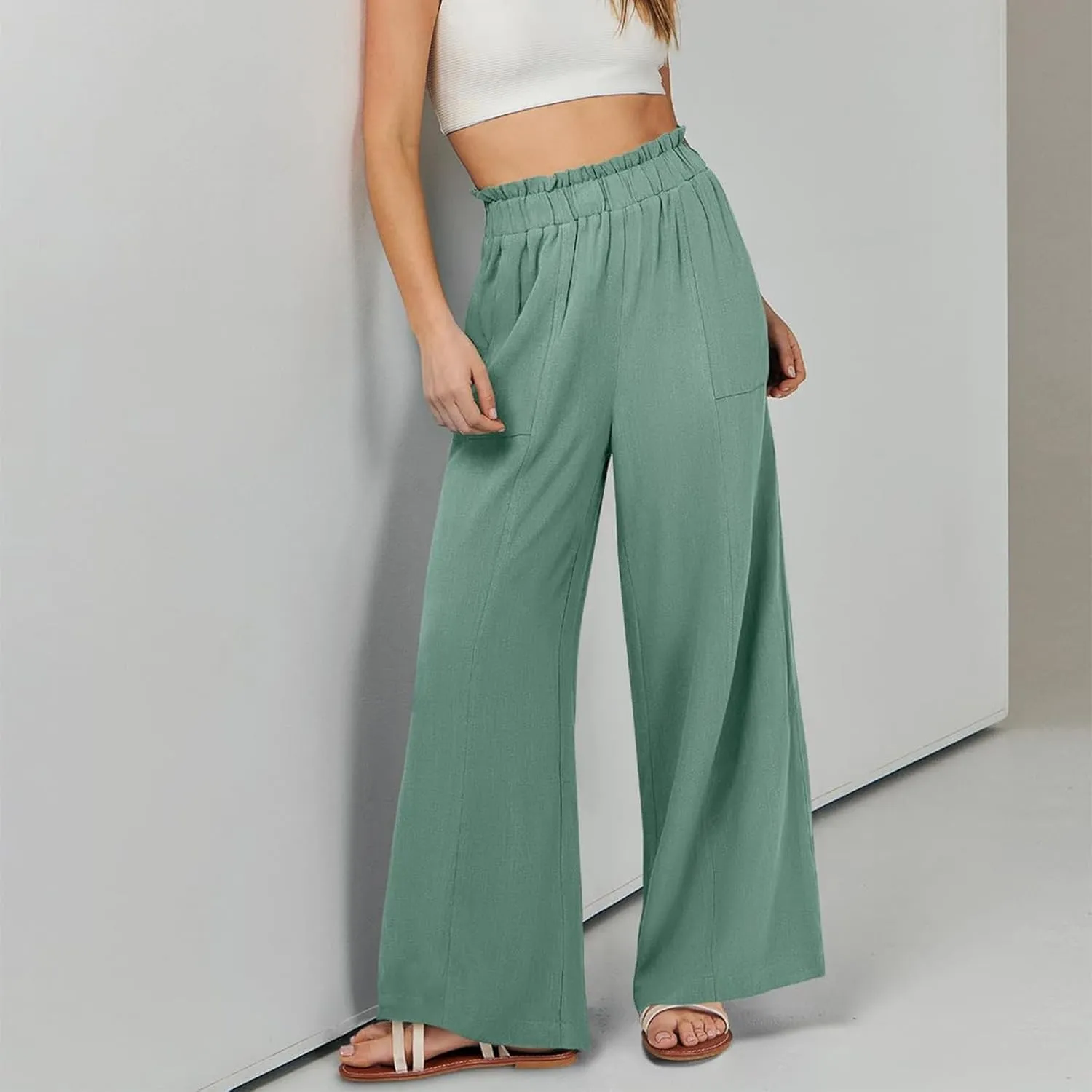ADHOWBEW Linen Dress Pants Women Cotton Plus Size Dressy Petite Work Flowy Casual Lounge Stretch High Waisted Cotton Pants