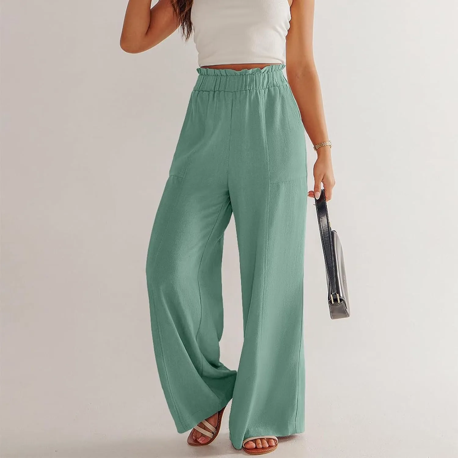 ADHOWBEW Linen Dress Pants Women Cotton Plus Size Dressy Petite Work Flowy Casual Lounge Stretch High Waisted Cotton Pants