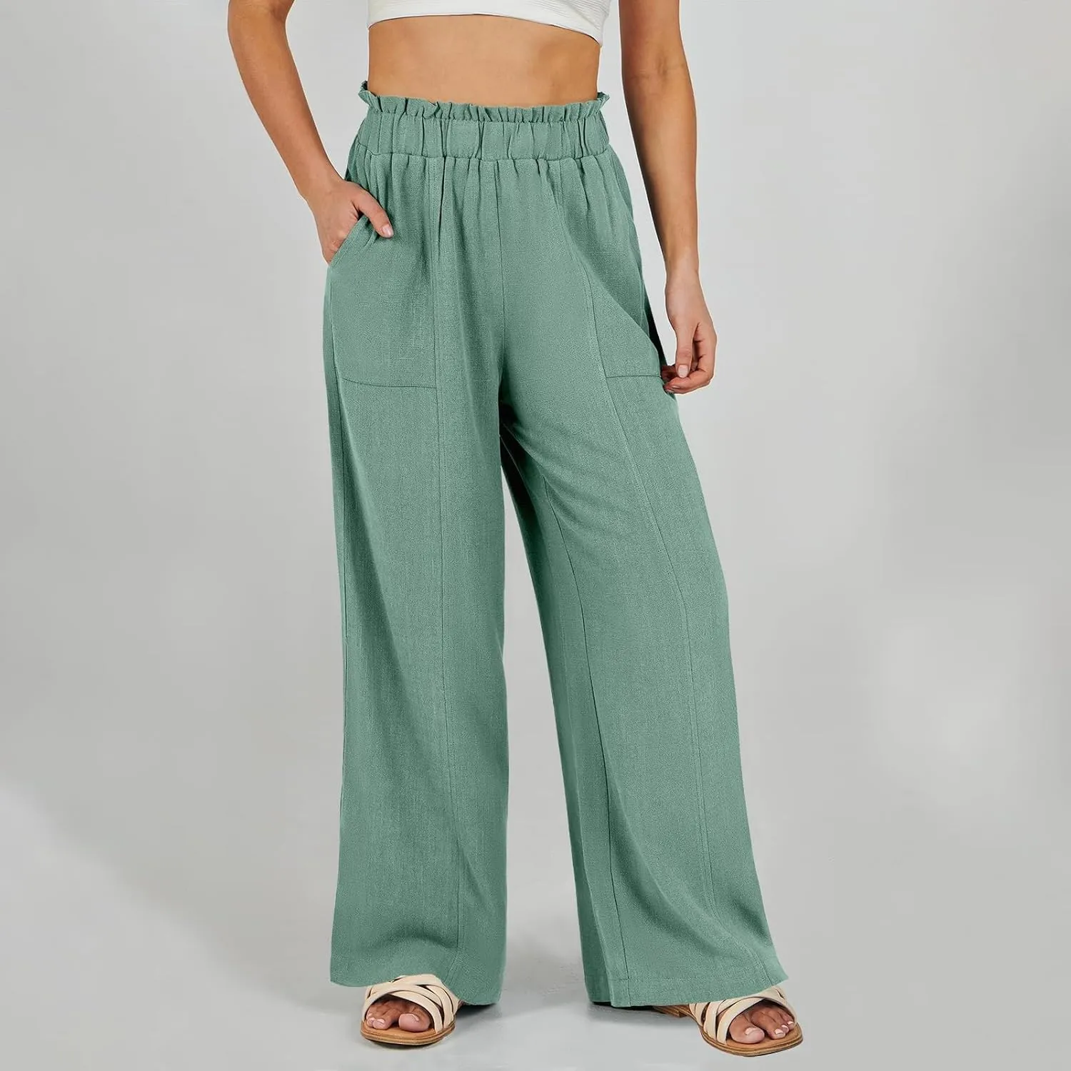 ADHOWBEW Linen Dress Pants Women Cotton Plus Size Dressy Petite Work Flowy Casual Lounge Stretch High Waisted Cotton Pants