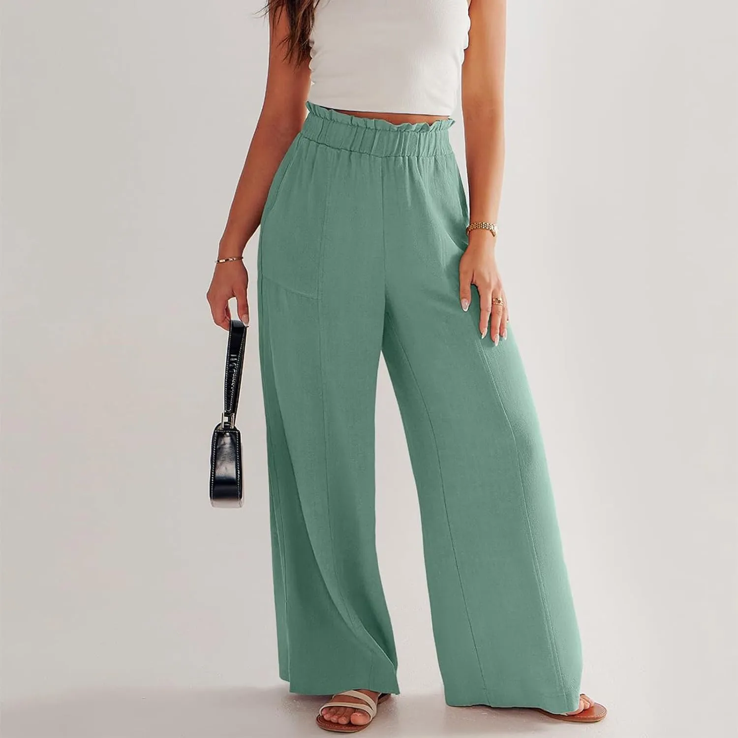 ADHOWBEW Linen Dress Pants Women Cotton Plus Size Dressy Petite Work Flowy Casual Lounge Stretch High Waisted Cotton Pants