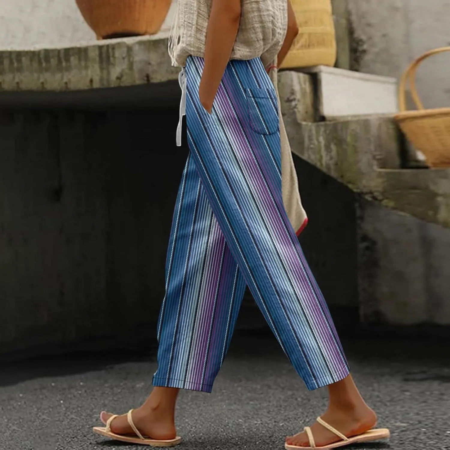 ADHOWBEW Women Capri Pants Trendy Wide Leg High Waist Flowy Summer Lounge Dressy Drawstring Cotton Slacks with Pockets