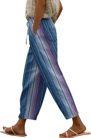 ADHOWBEW Women Capri Pants Trendy Wide Leg High Waist Flowy Summer Lounge Dressy Drawstring Cotton Slacks with Pockets
