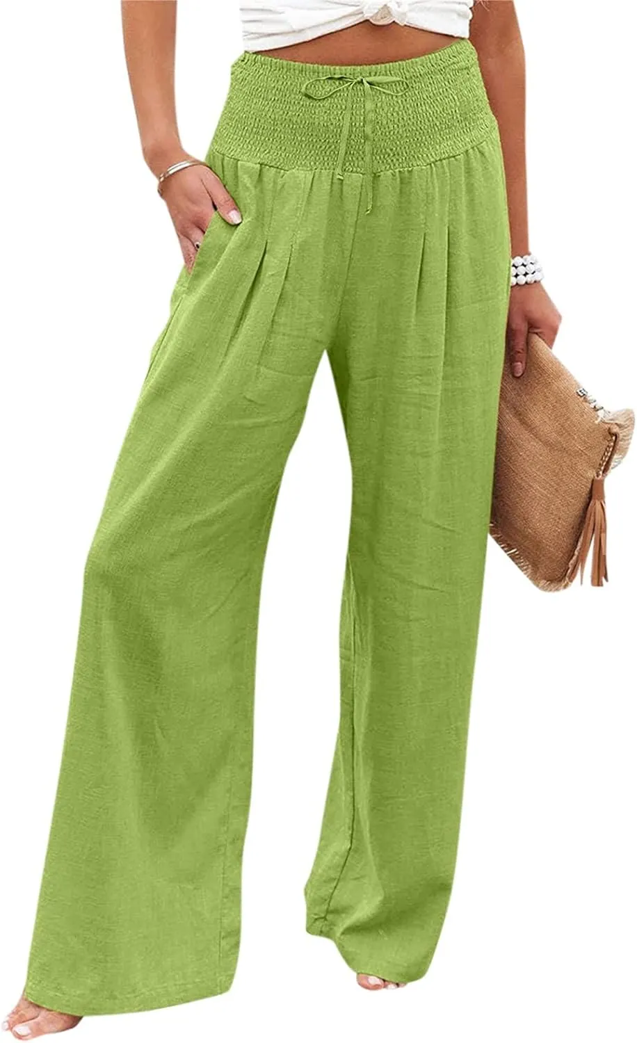 ADHOWBEW Women Linen Pants High Waisted Work Casual Lounge Plus Size Cotton Stretch Dressy Petite Flowy Palazzo Pants