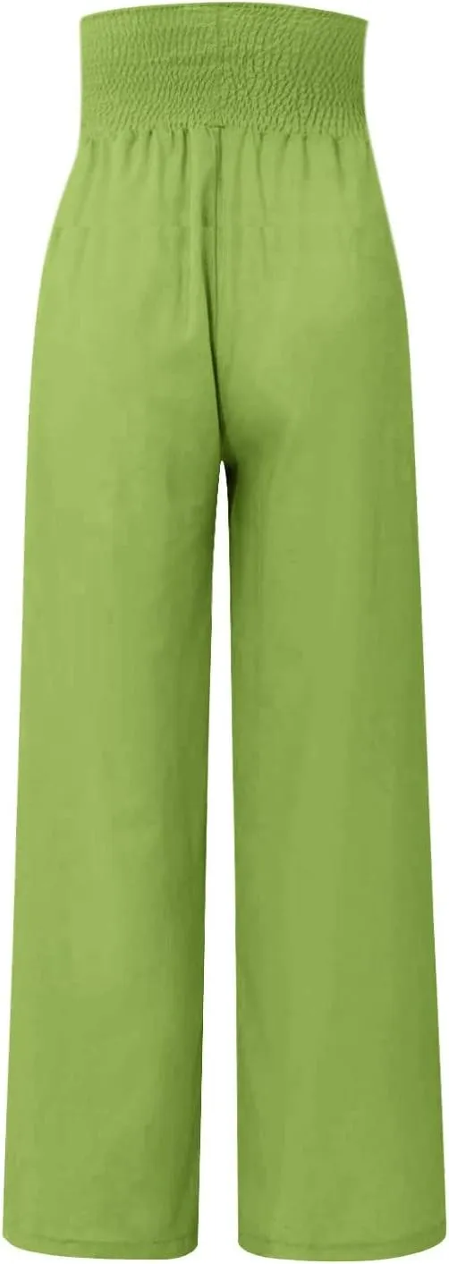 ADHOWBEW Women Linen Pants High Waisted Work Casual Lounge Plus Size Cotton Stretch Dressy Petite Flowy Palazzo Pants