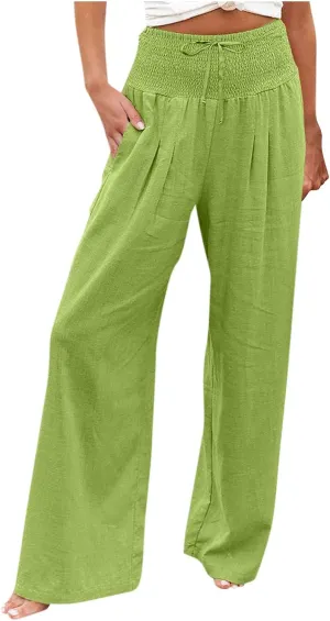 ADHOWBEW Women Linen Pants High Waisted Work Casual Lounge Plus Size Cotton Stretch Dressy Petite Flowy Palazzo Pants