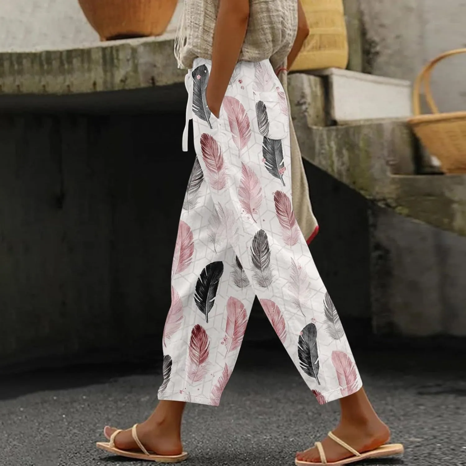 ADHOWBEW Women Linen Pants Plus Size Petite Dressy Cotton Stretch Work Casual Flowy High Waisted Lounge Pants