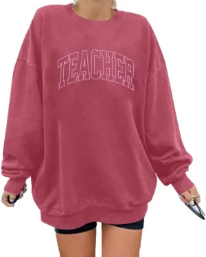 AIIWEIS Oversized Teacher Sweatshirt for Women Embroidered Teacher Letter Print Shirt Casual Crewneck Pullover Tops