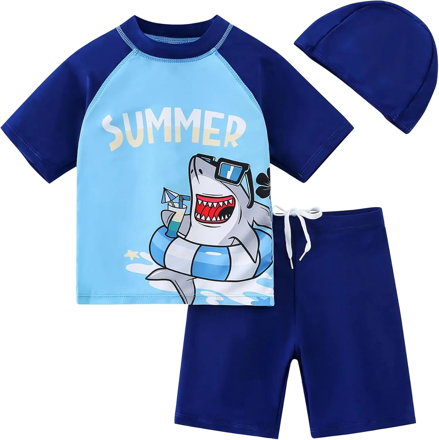 AIWUHE Toddler Boys Swimsuit Set Two Piece Shark Bathing Suit Boys' Swimwear Trunk and Rashguard Set 2-7Y