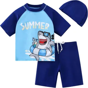 AIWUHE Toddler Boys Swimsuit Set Two Piece Shark Bathing Suit Boys' Swimwear Trunk and Rashguard Set 2-7Y