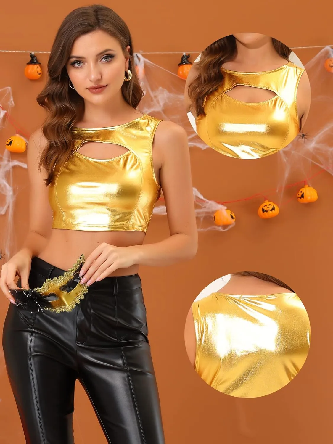 Allegra K Metallic Crop Top for Women's Sleeveless Cut Out Party Clubwear Holographic Tank Tops