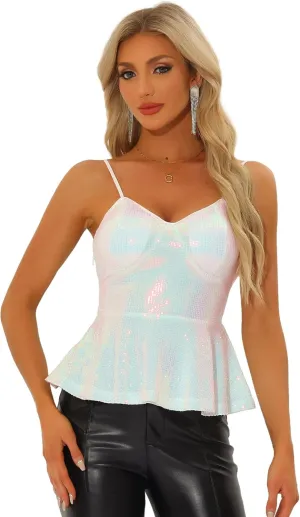 Allegra K Sequin Sparkle Tank Top for Women's V Neck Ruffle Camisole Sleeveless Peplum Tops