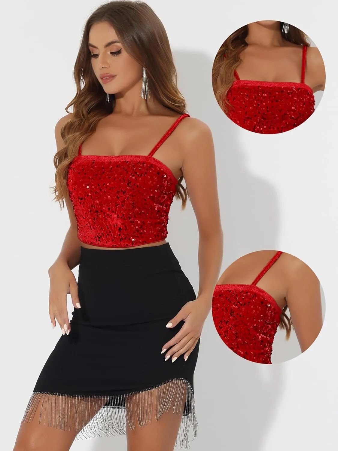 Allegra K Sequined Cami Top for Women's Velvet Spaghetti Strap Club Party Crop Tank Tops