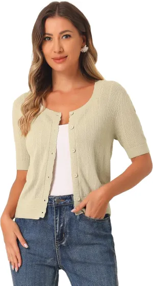 Allegra K Short Sleeve Cardigan for Women's Casual Crochet Knit Button Up Bolero Sweater Tops