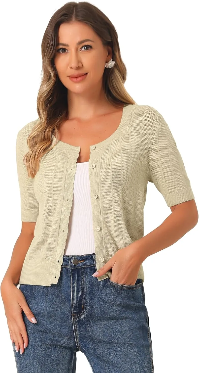 Allegra K Short Sleeve Cardigan for Women's Casual Crochet Knit Button Up Bolero Sweater Tops