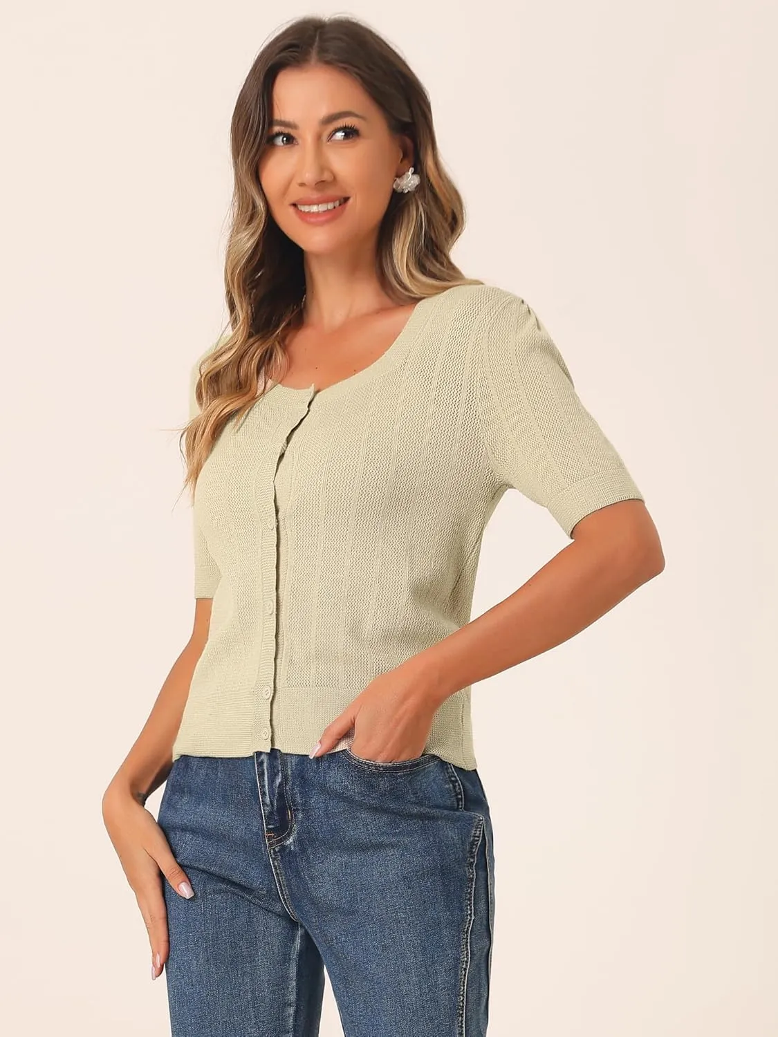 Allegra K Short Sleeve Cardigan for Women's Casual Crochet Knit Button Up Bolero Sweater Tops