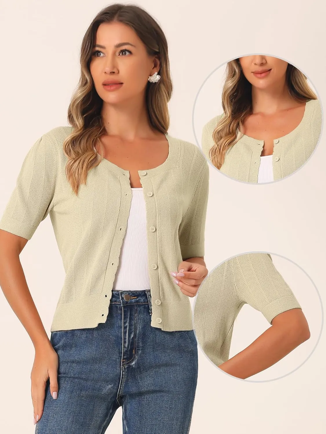 Allegra K Short Sleeve Cardigan for Women's Casual Crochet Knit Button Up Bolero Sweater Tops
