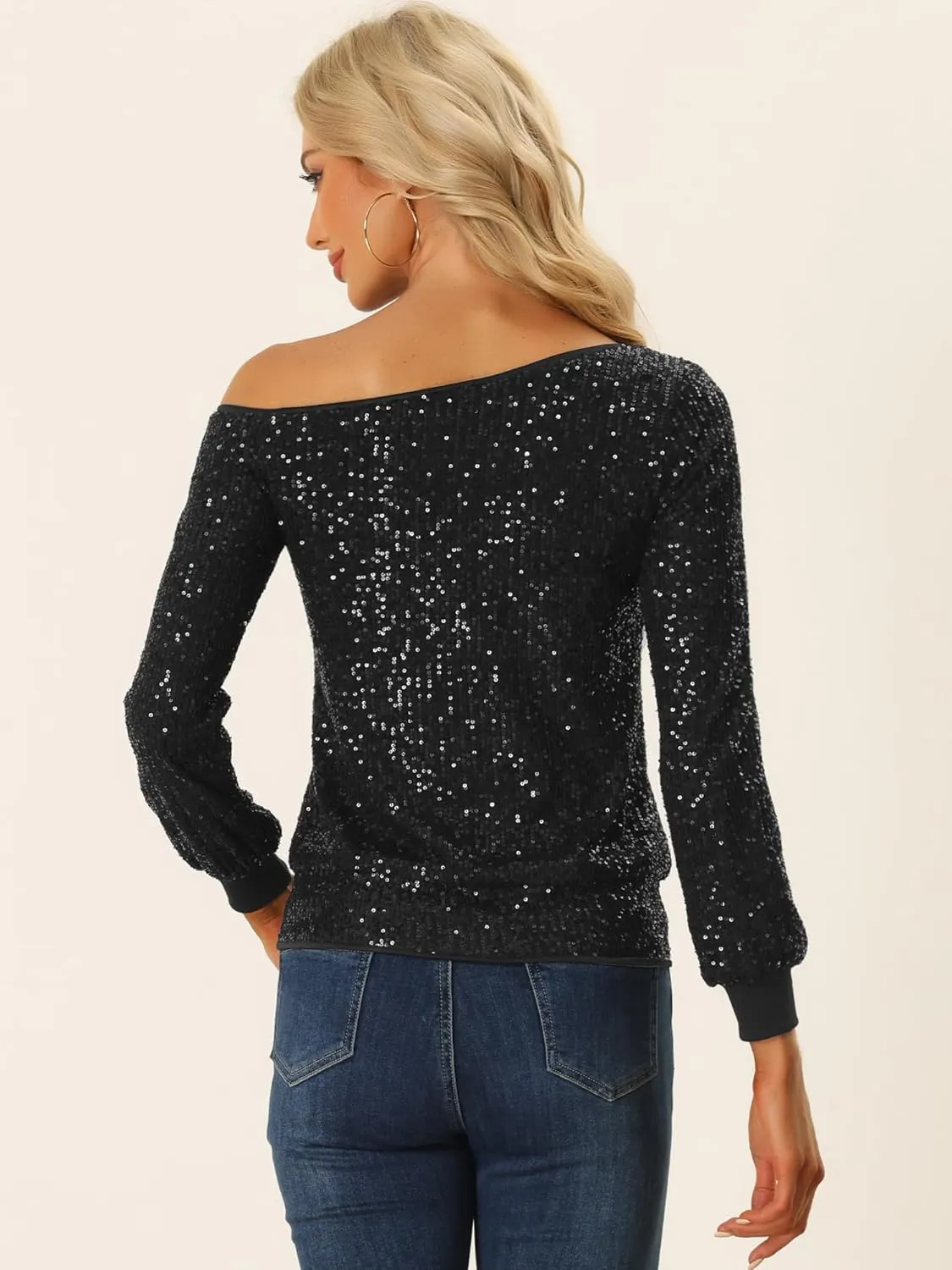 Allegra K Sparkly Sequin Top for Women's Off-Shoulder Long Sleeve Party Tops