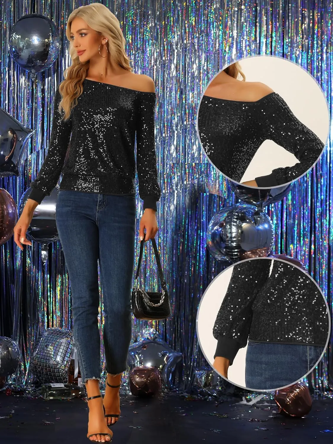 Allegra K Sparkly Sequin Top for Women's Off-Shoulder Long Sleeve Party Tops