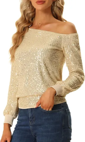 Allegra K Sparkly Sequin Top for Women's Off-Shoulder Long Sleeve Party Tops