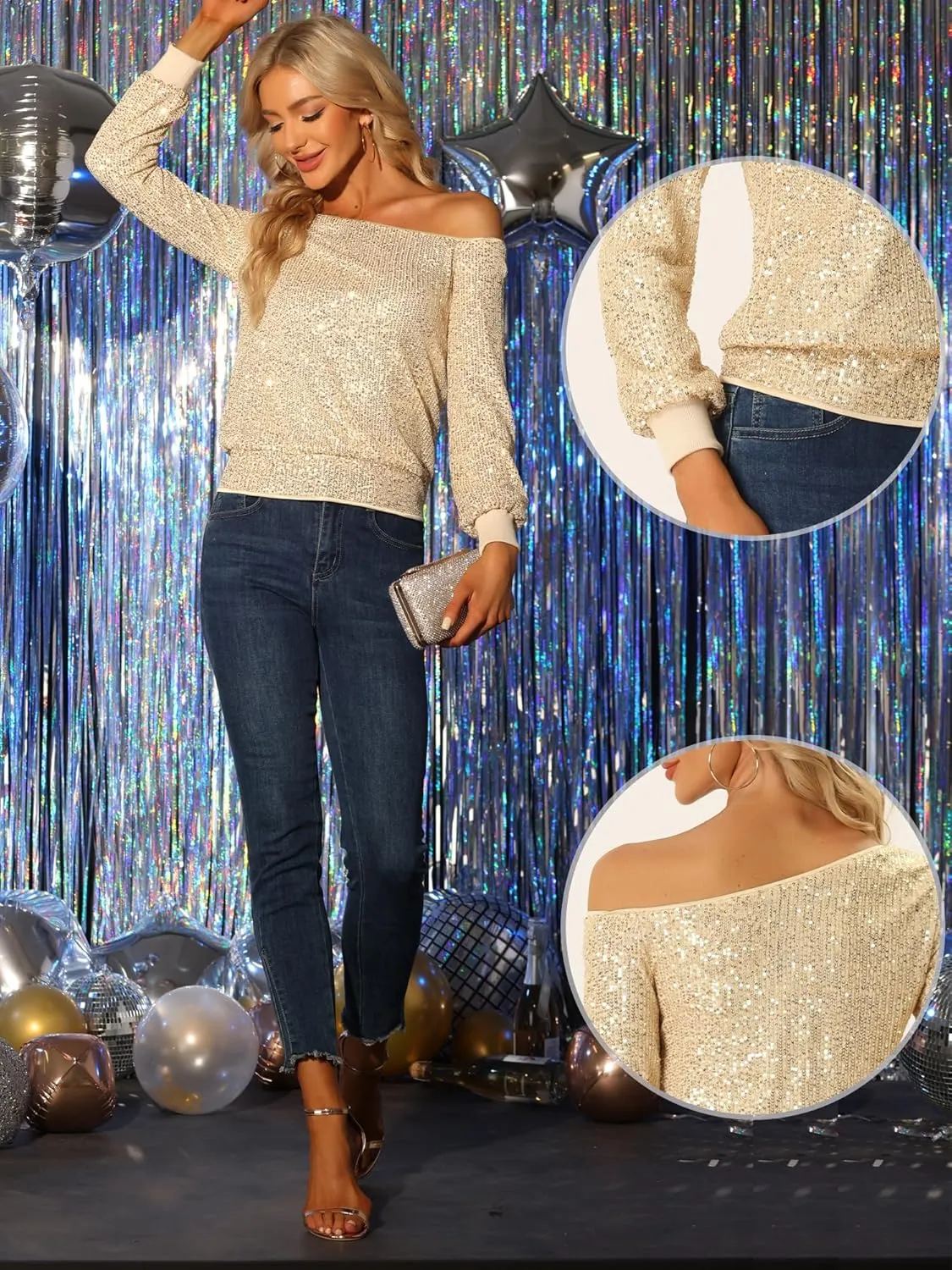 Allegra K Sparkly Sequin Top for Women's Off-Shoulder Long Sleeve Party Tops