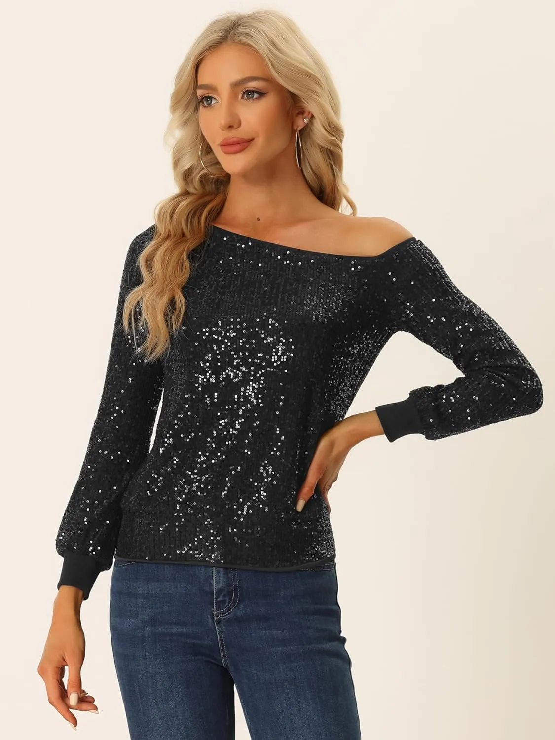 Allegra K Sparkly Sequin Top for Women's Off-Shoulder Long Sleeve Party Tops