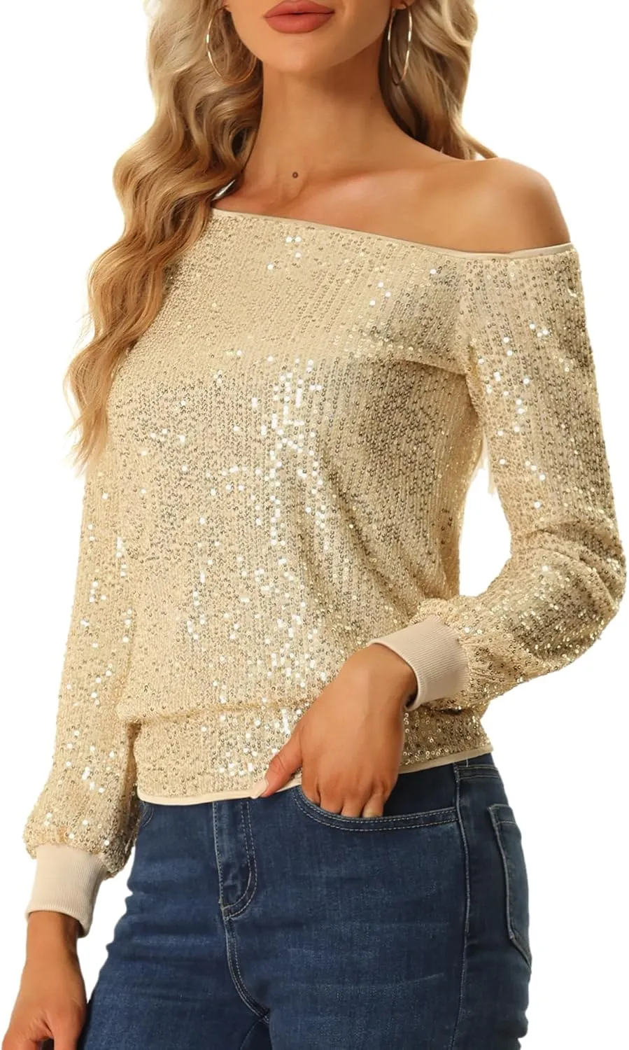 Allegra K Sparkly Sequin Top for Women's Off-Shoulder Long Sleeve Party Tops