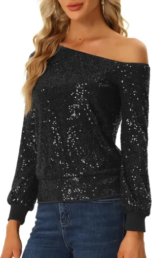 Allegra K Sparkly Sequin Top for Women's Off-Shoulder Long Sleeve Party Tops
