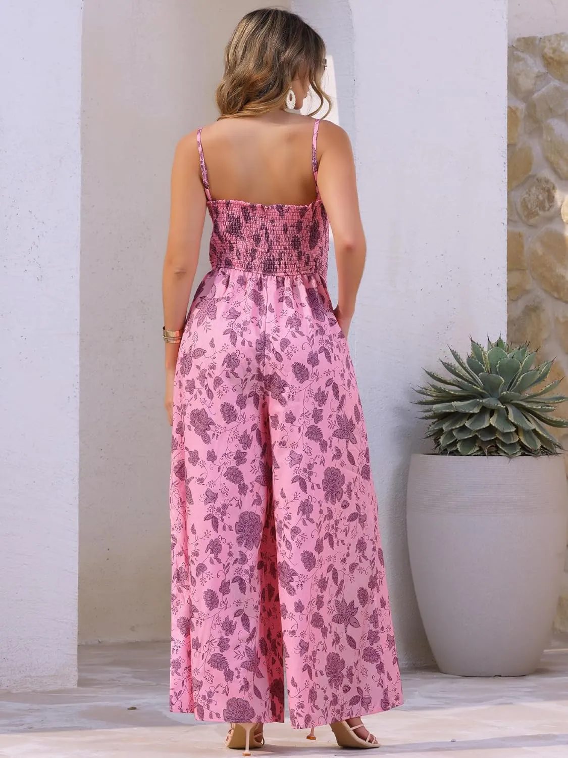 Allegra K Women's Summer Casual Floral Jumpsuit Sleeveless Smocked Wide Leg Pants Boho Romper Overalls