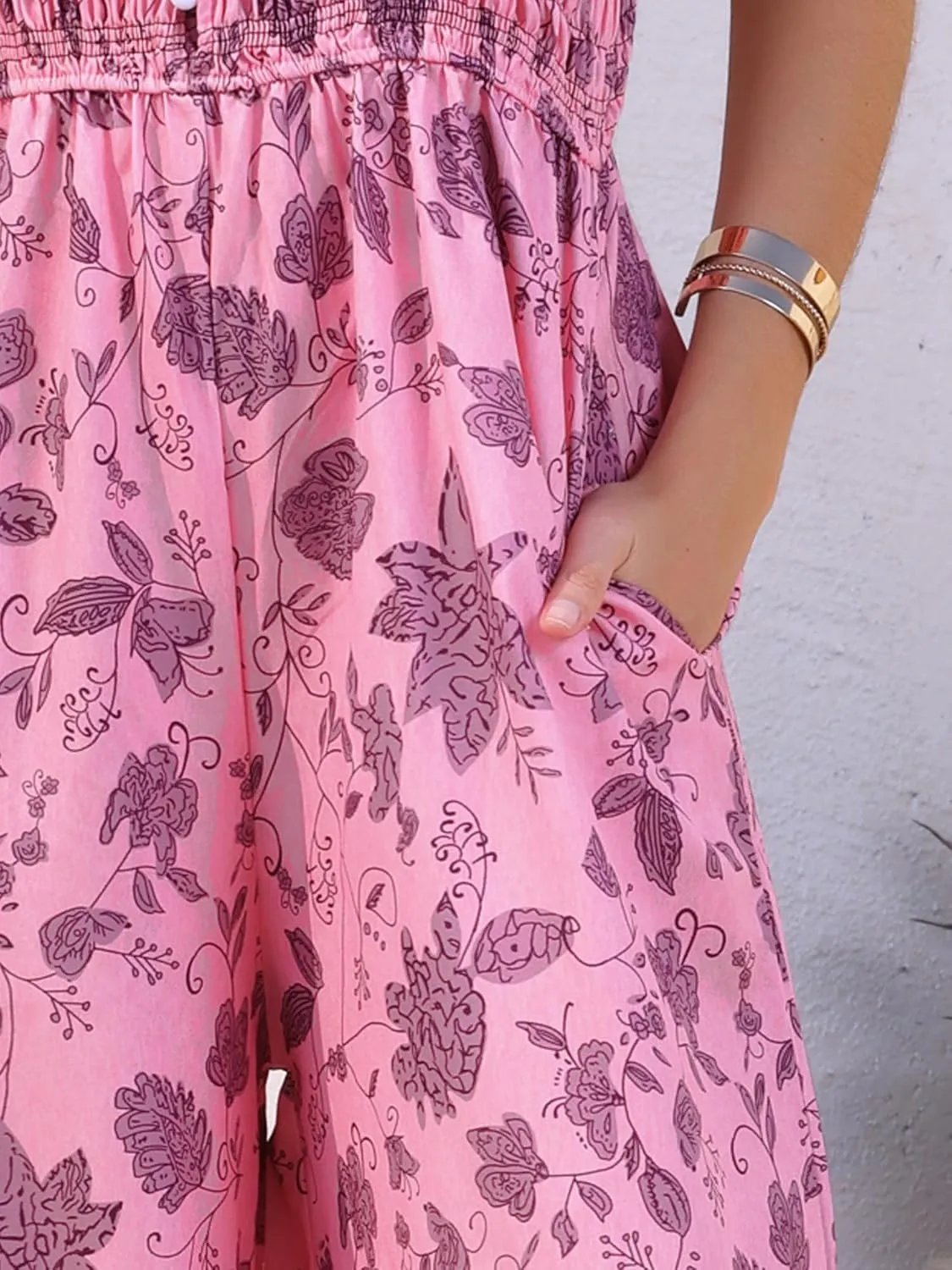 Allegra K Women's Summer Casual Floral Jumpsuit Sleeveless Smocked Wide Leg Pants Boho Romper Overalls