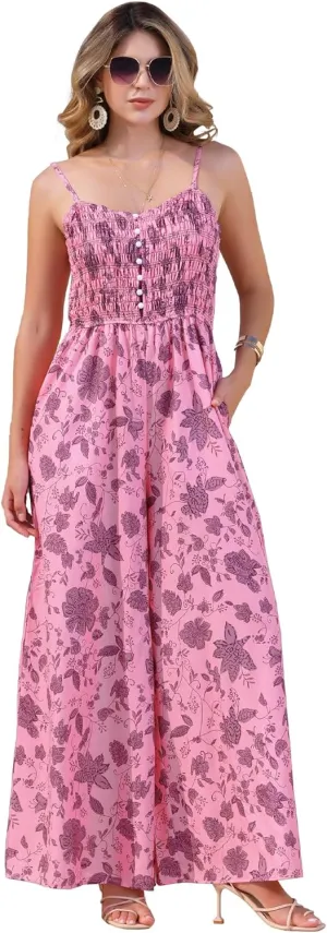 Allegra K Women's Summer Casual Floral Jumpsuit Sleeveless Smocked Wide Leg Pants Boho Romper Overalls