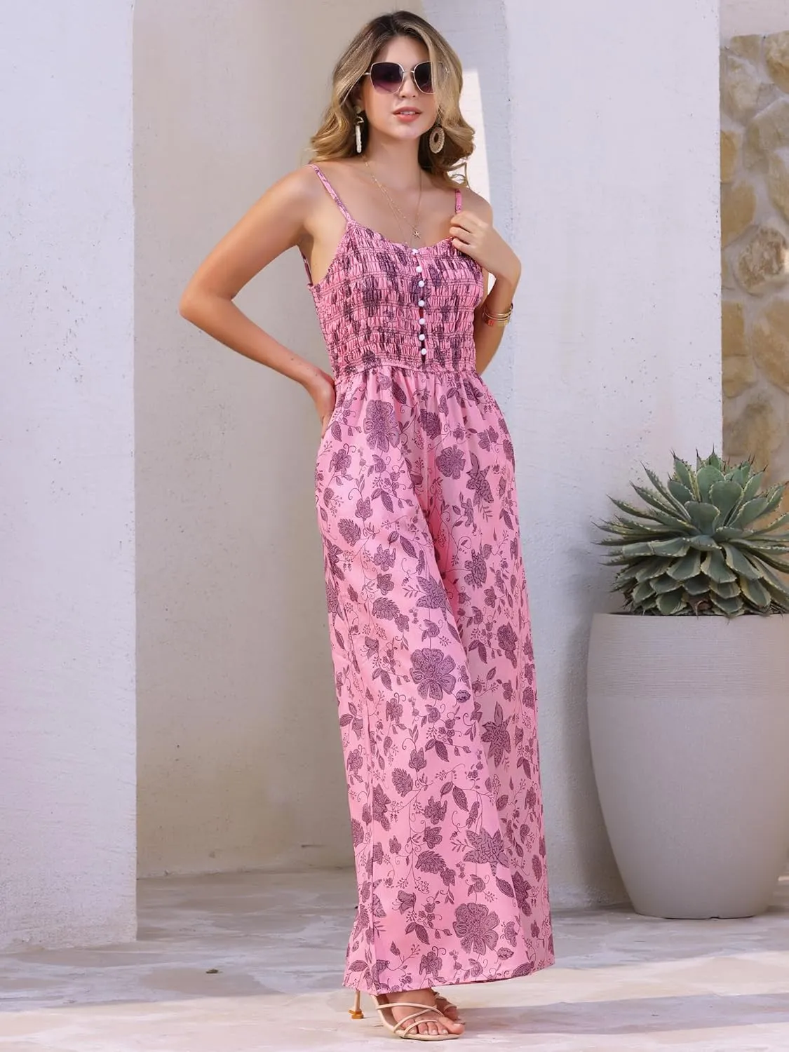 Allegra K Women's Summer Casual Floral Jumpsuit Sleeveless Smocked Wide Leg Pants Boho Romper Overalls