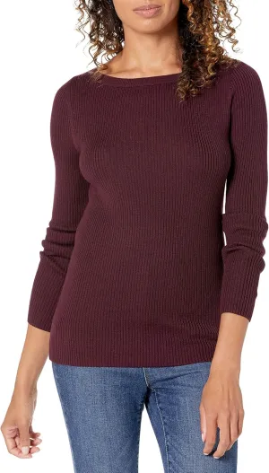 Amazon Essentials Women's Lightweight Ribbed Long-Sleeve Boat Neck Slim-Fit Sweater