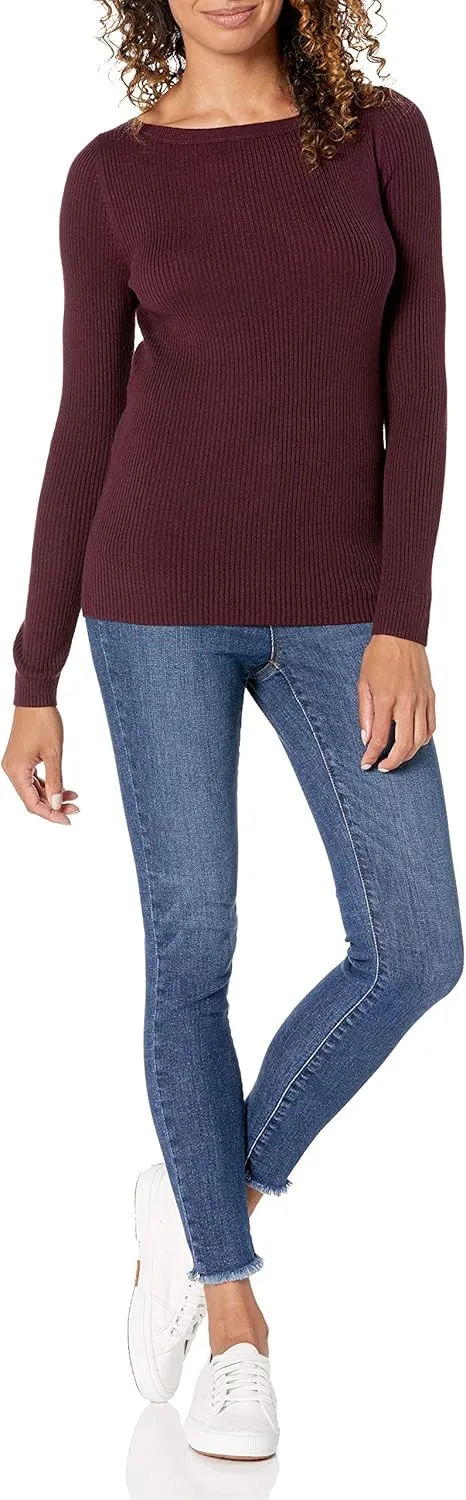Amazon Essentials Women's Lightweight Ribbed Long-Sleeve Boat Neck Slim-Fit Sweater