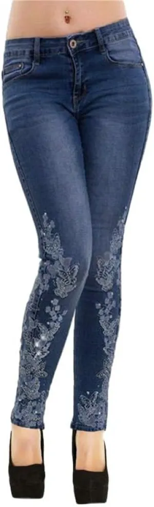 Andongnywell Women's Embroidered High Waist Skinny Fit Cropped Denim Pants Embroidery Jeans Trousers
