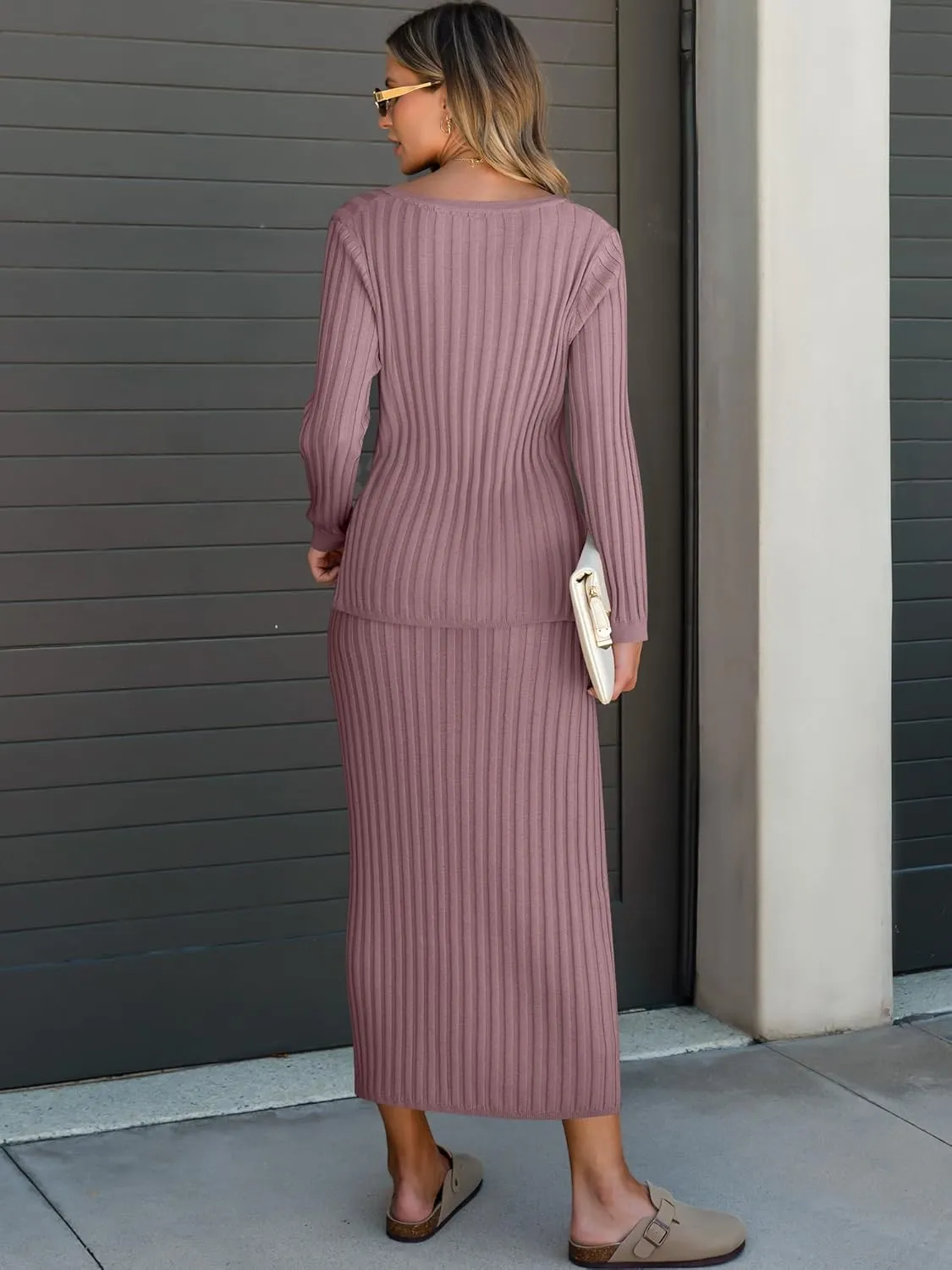 ANRABESS Women's 2 Piece Outfits Sweater Skirt Sets Casual Long Sleeve V Neck Ribbed Knit Tops Midi Dress 2024 Fall Fashion