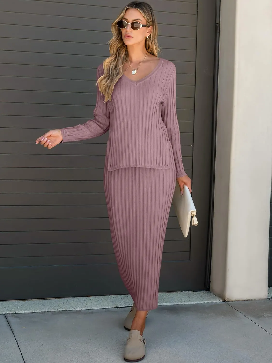 ANRABESS Women's 2 Piece Outfits Sweater Skirt Sets Casual Long Sleeve V Neck Ribbed Knit Tops Midi Dress 2024 Fall Fashion