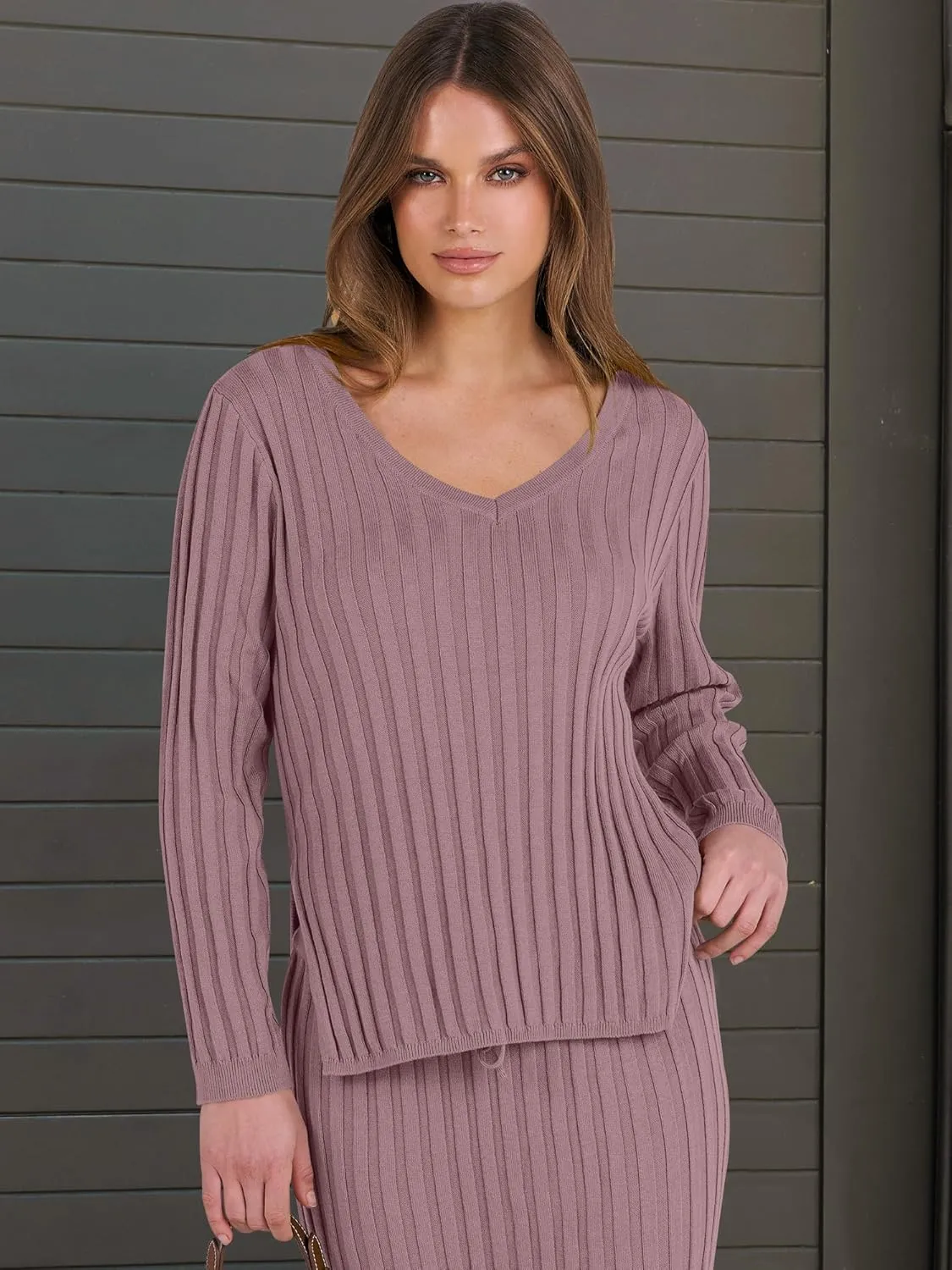 ANRABESS Women's 2 Piece Outfits Sweater Skirt Sets Casual Long Sleeve V Neck Ribbed Knit Tops Midi Dress 2024 Fall Fashion