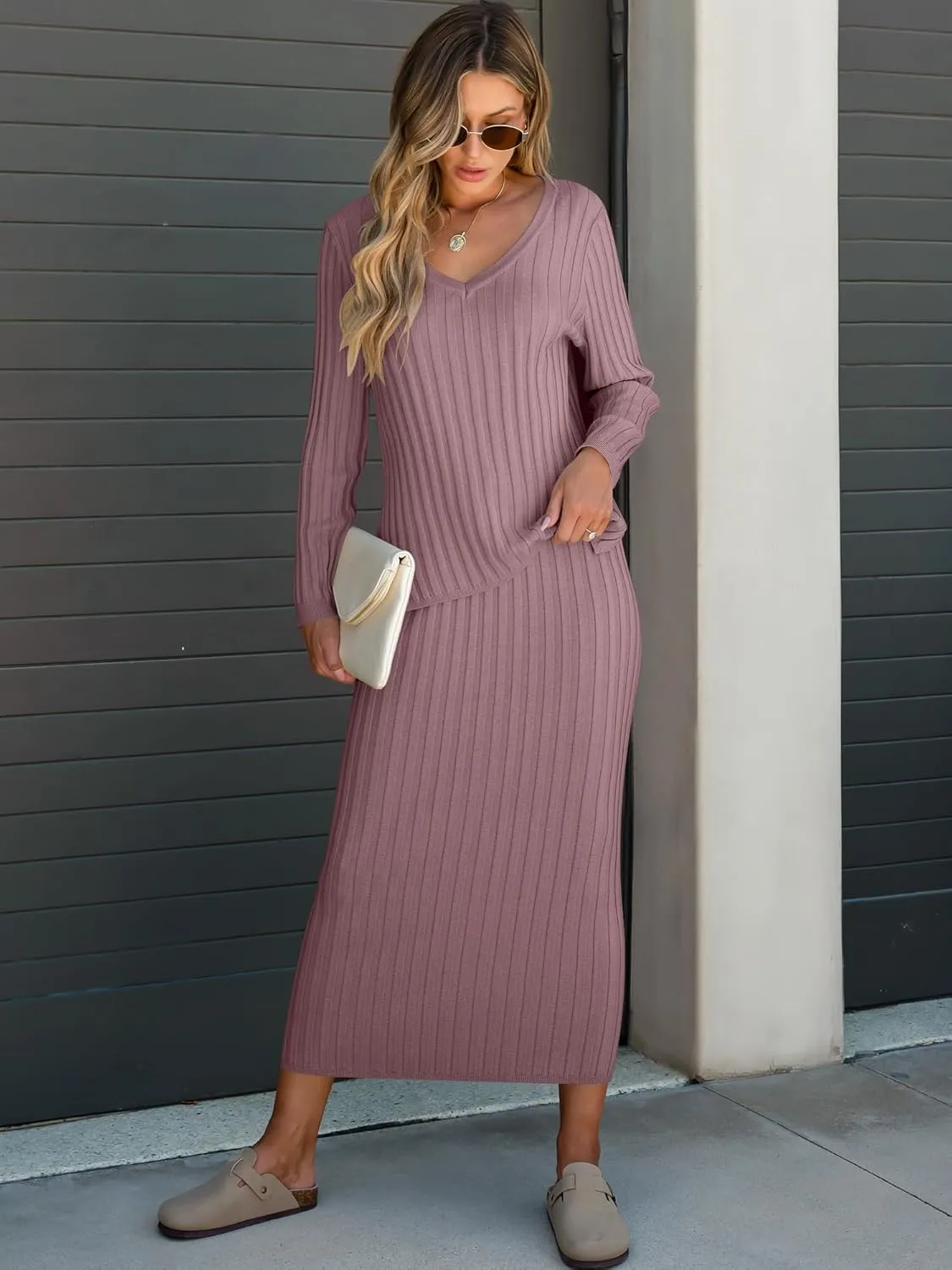 ANRABESS Women's 2 Piece Outfits Sweater Skirt Sets Casual Long Sleeve V Neck Ribbed Knit Tops Midi Dress 2024 Fall Fashion