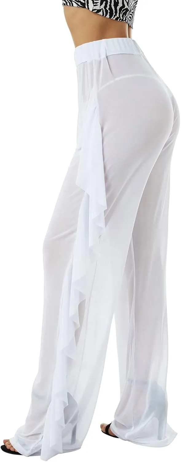 Awoscut Women See Through Sheer Mesh Pants Beach Swimsuit Bikini Bottom Cover up Party Club Elastic High Waist Wide Leg Pants