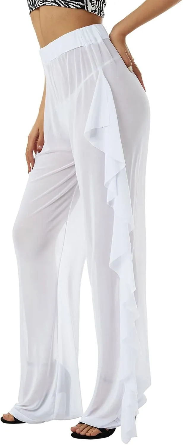 Awoscut Women See Through Sheer Mesh Pants Beach Swimsuit Bikini Bottom Cover up Party Club Elastic High Waist Wide Leg Pants