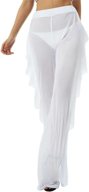 Awoscut Women See Through Sheer Mesh Pants Beach Swimsuit Bikini Bottom Cover up Party Club Elastic High Waist Wide Leg Pants