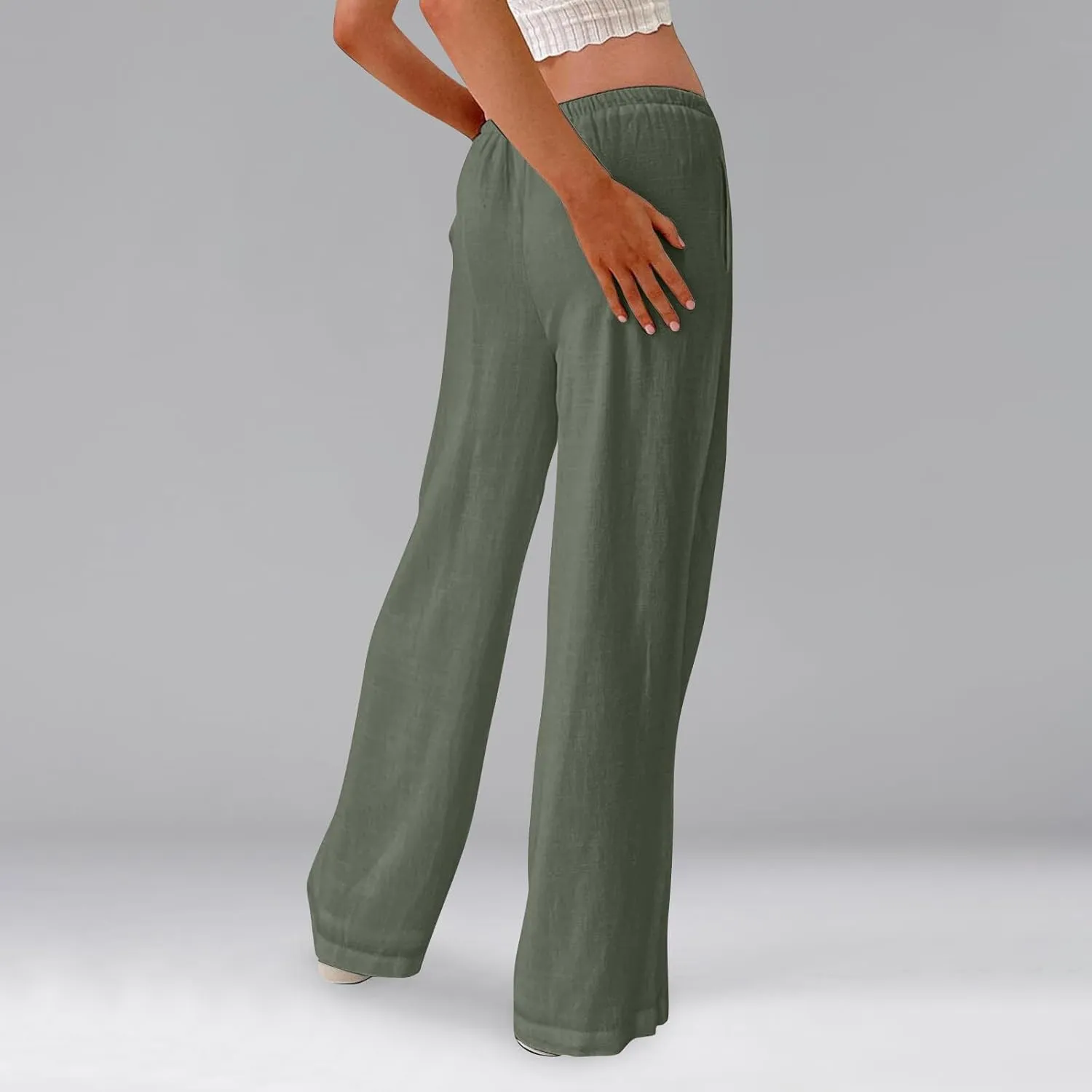 Baggy Wide Leg Linen Pants for Women Elastic High Waisted Pants Summer Beach Vacation Gauze Pants with Pockets